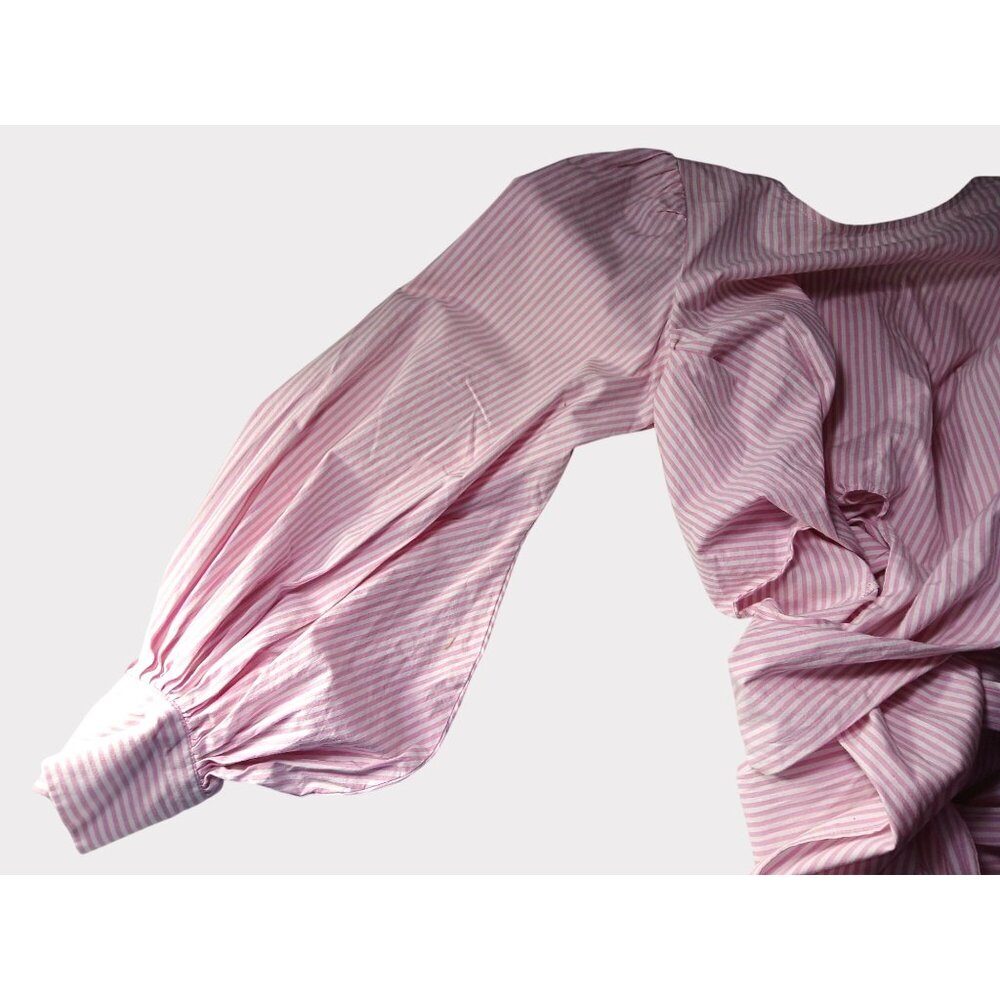 WAYF Dayna Tie Back Poplin Top Blouse Size S Striped Pink Wrap Long Sleeve Puff - Picture 6 of 11